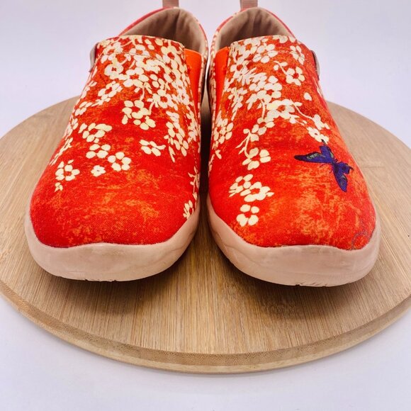 Uin Shoes Womens 10.5 Orange Floral Canvas Slip On Flats - Picture 3 of 11